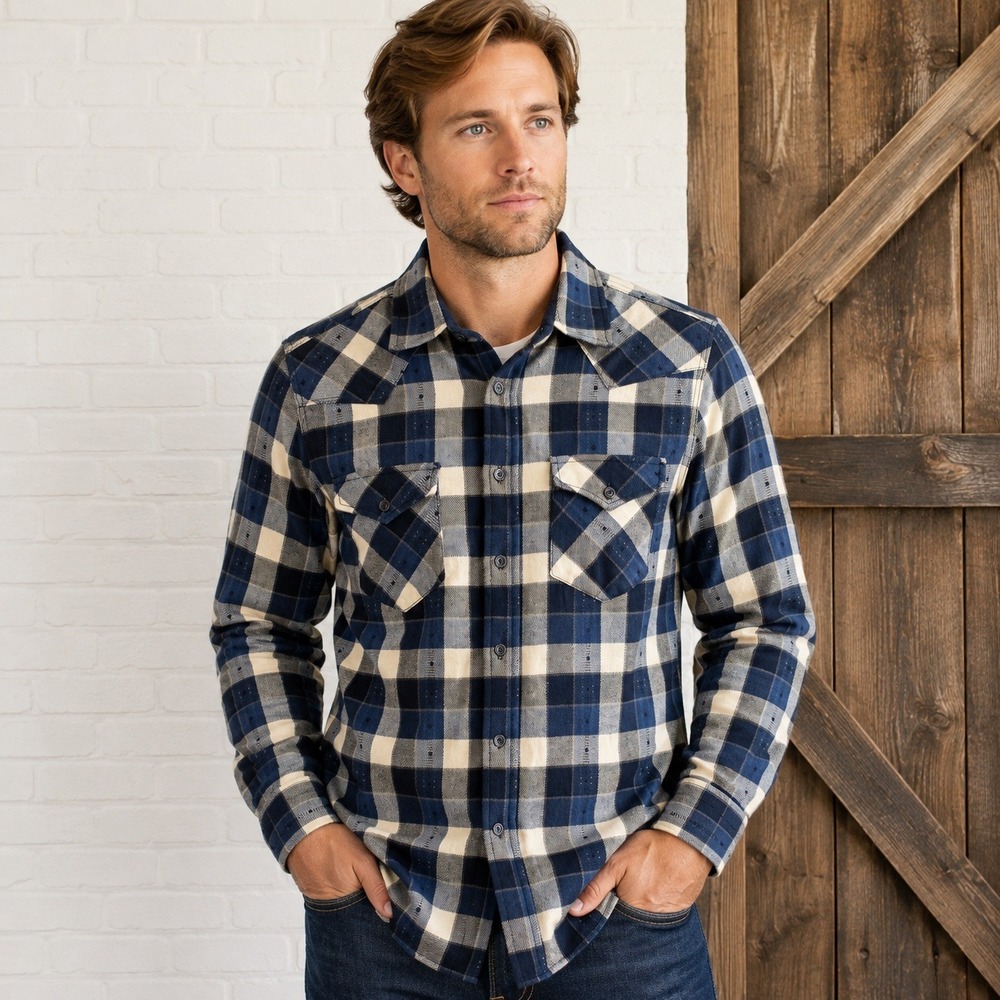 FRYE Mens L Plaid Flannel Shirt Blue Cream 100% Cotton Button Down 110025851